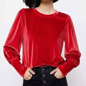 LOFT Red Velvet Blouse Long Sleeves Balloon Sleeves Large Party